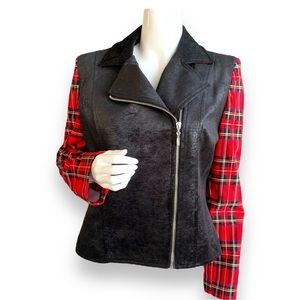 PETER NYGARD BLACK MOTO JACKET PLAID SLEEVES OFF SET ZIPPER. WOMEN’S SIZE MEDIUM